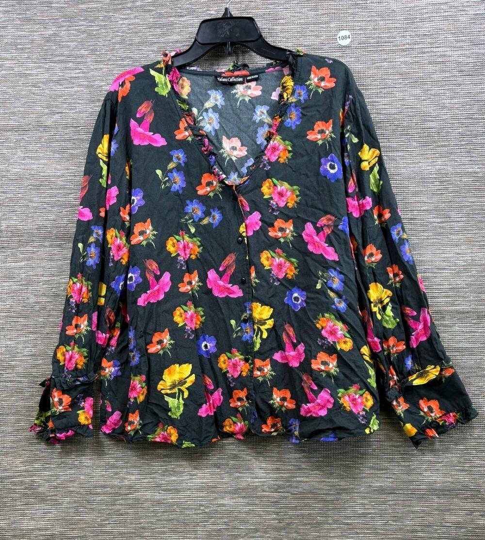 Tolani Collection Button-Front Top with Ruffle Detail Black Floral Size XL